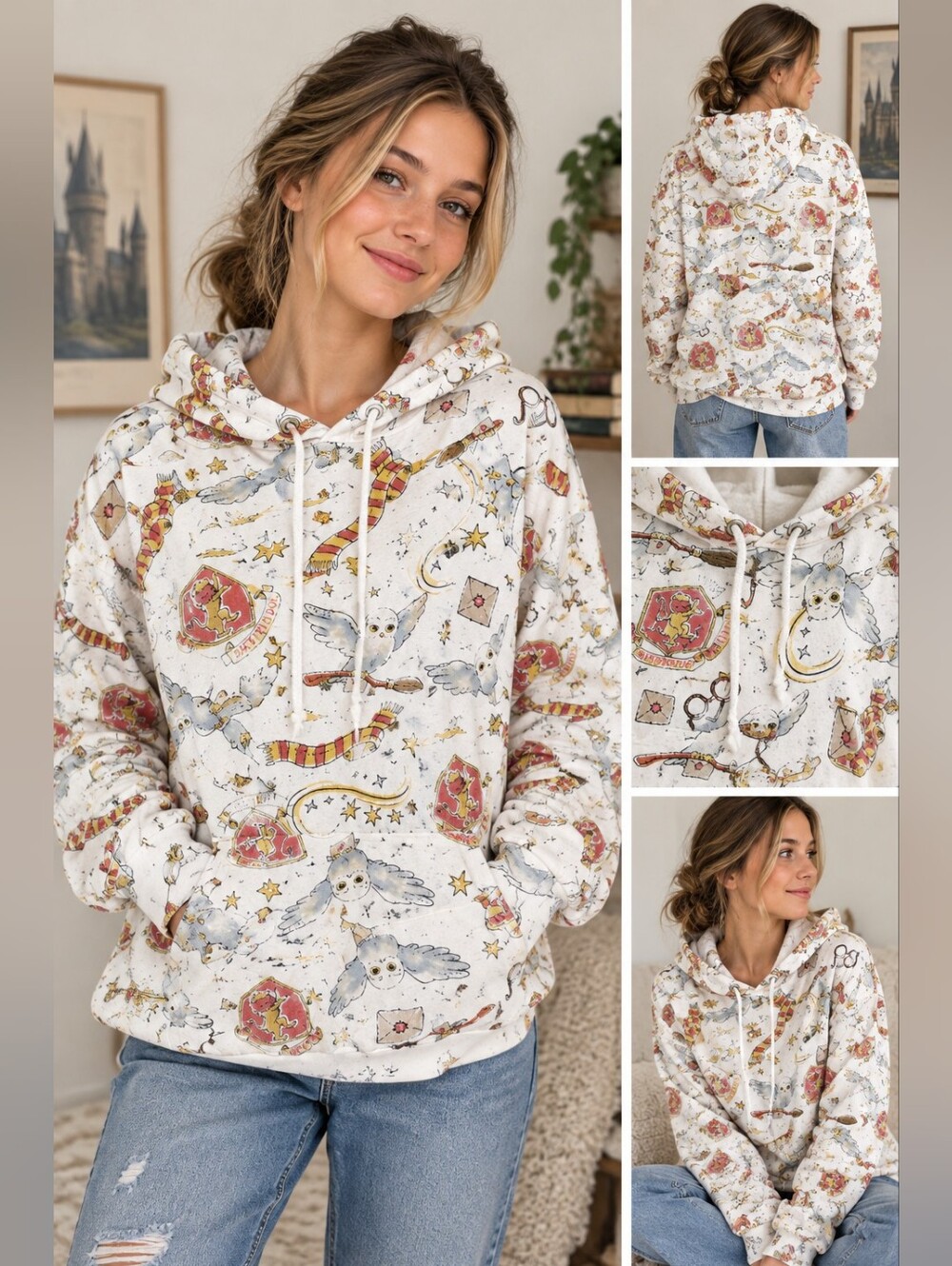 Harry Potter Gryffindor Owl All Over Print Hoodie Sweatshirt XL Wizarding World